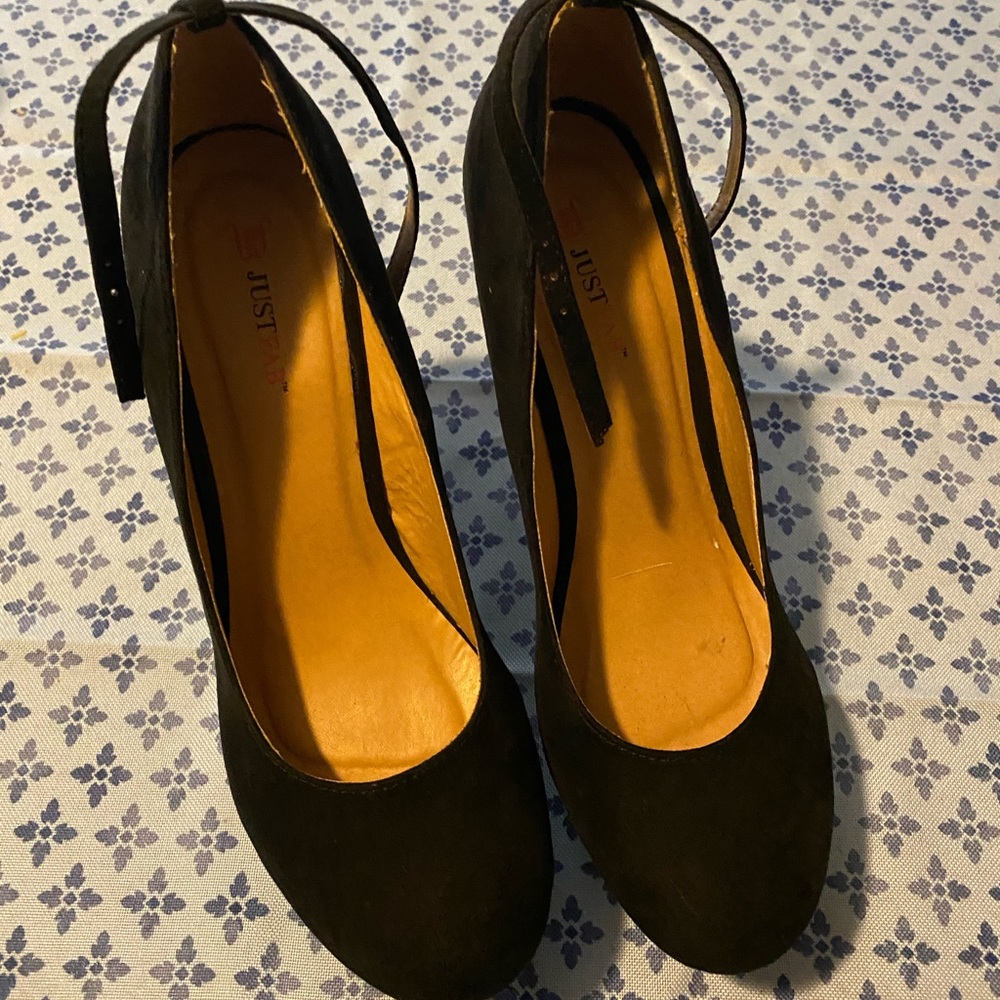 Black Suede Wedge Heels with Adjustable Strap - Picture 3 of 3